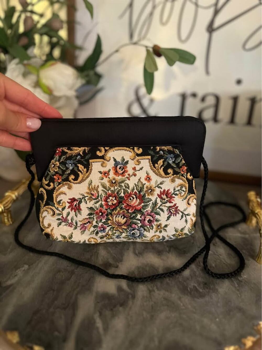 Vintage 80s Walborg Tapestry Handbag Floral Evening Bag Cottage Granny